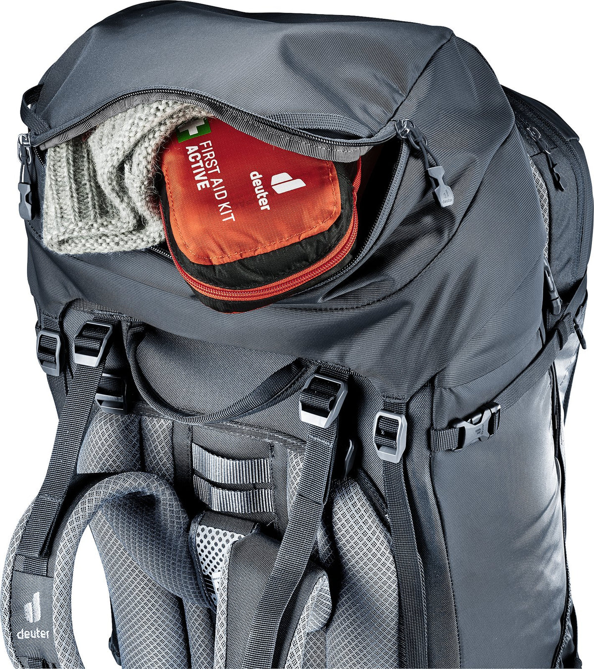 Deuter Voyager 60+10 SL lid pocket open with a beanie and first aid kit inside