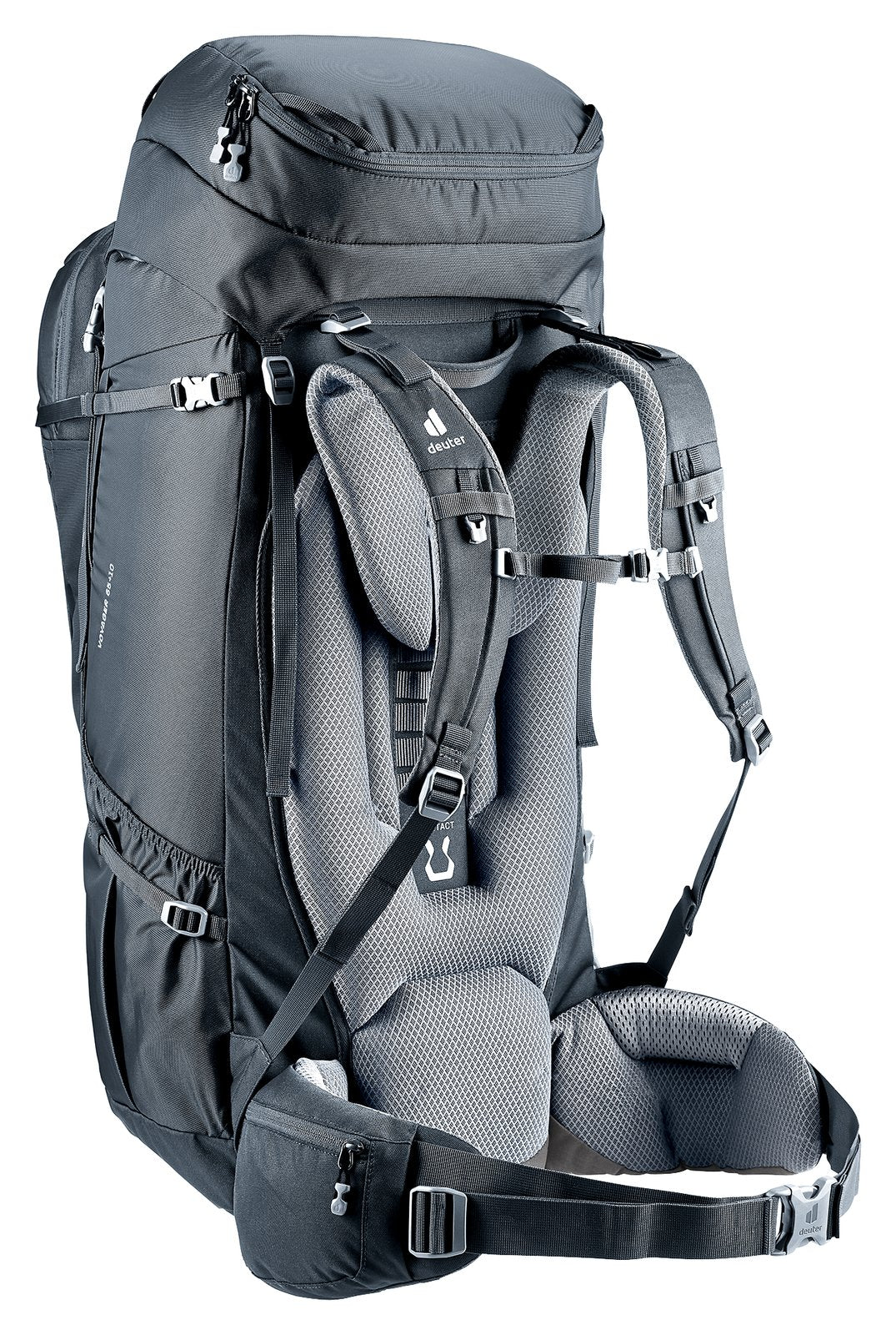 Deuter Voyager 65+10 rear three-quarter view of the harness and stabiliser straps
