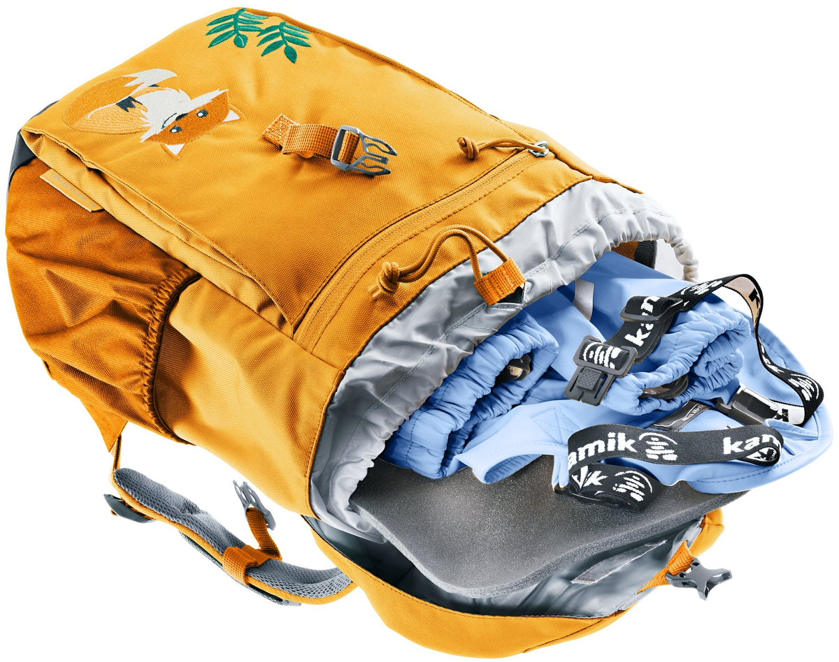 Deuter Waldfuchs 14 open at the top with clothes and a cap packed inside