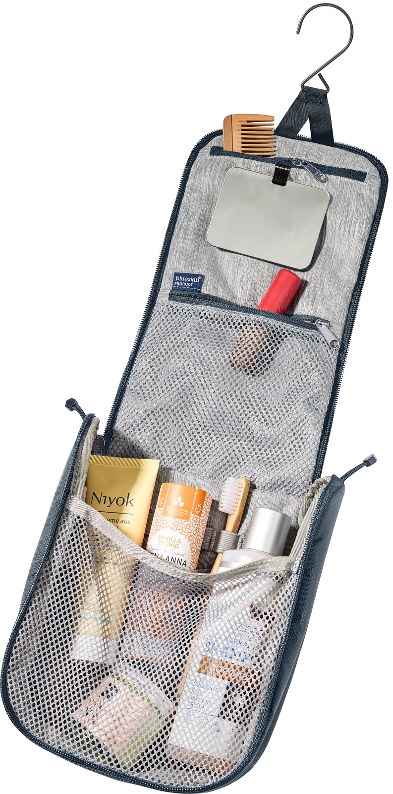 Deuter Wash Center I hanging open from its hook, showing the mirror, mesh pockets and toiletries