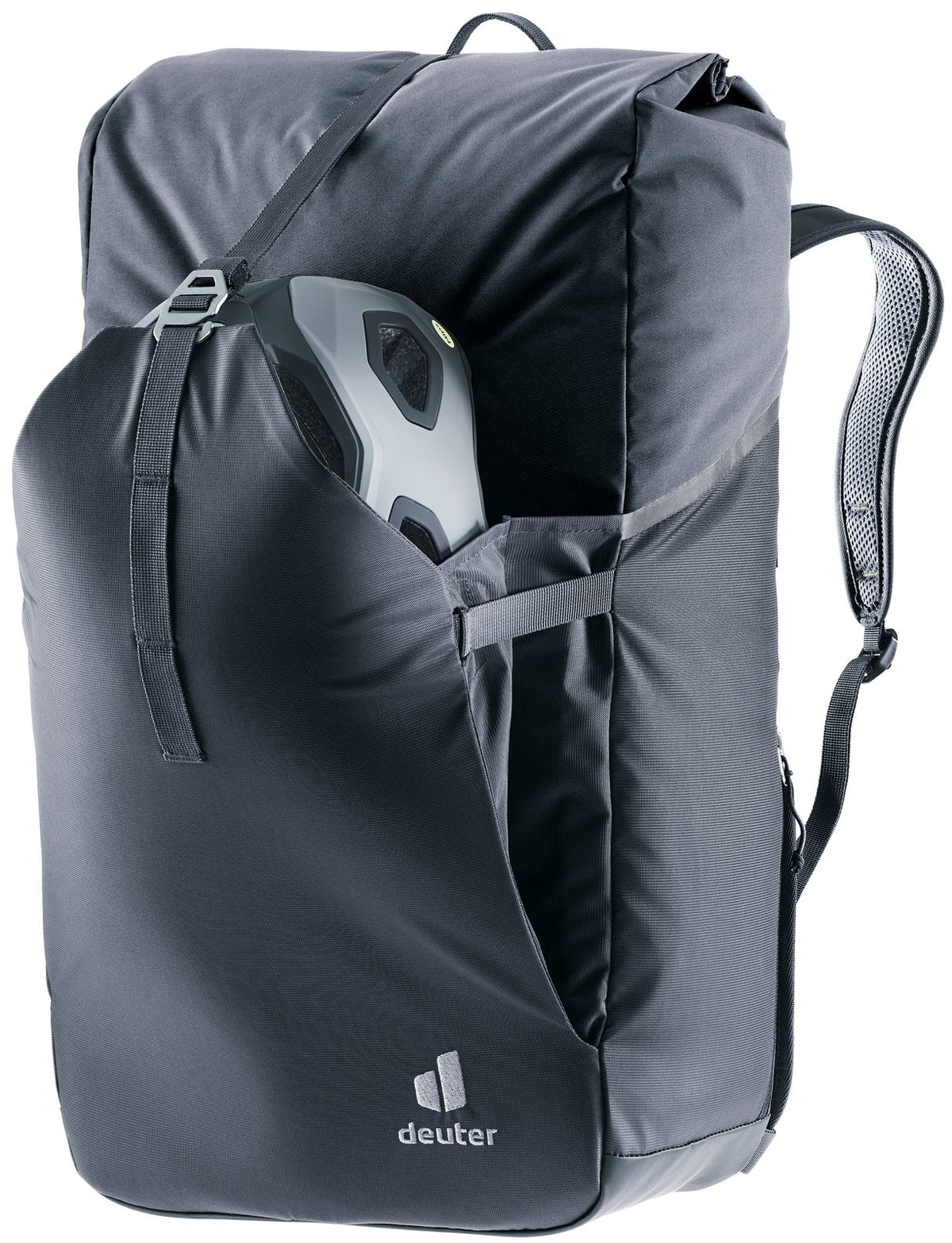 Deuter Xberg 25 with a bike helmet tucked in the front pouch