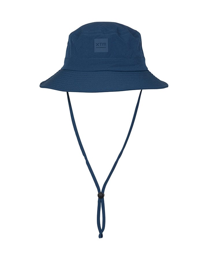 XTM Highland bucket hat in Slate Blue with wide brim, XTM patch and adjustable chin strap