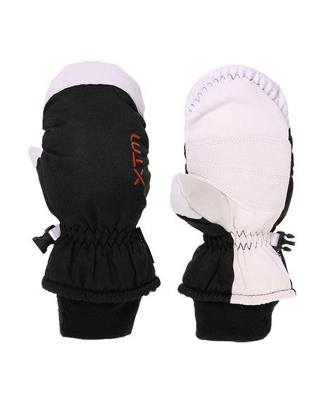 Pair of XTM Kids Space snow mitts in Black with orange XTM logo and white palm