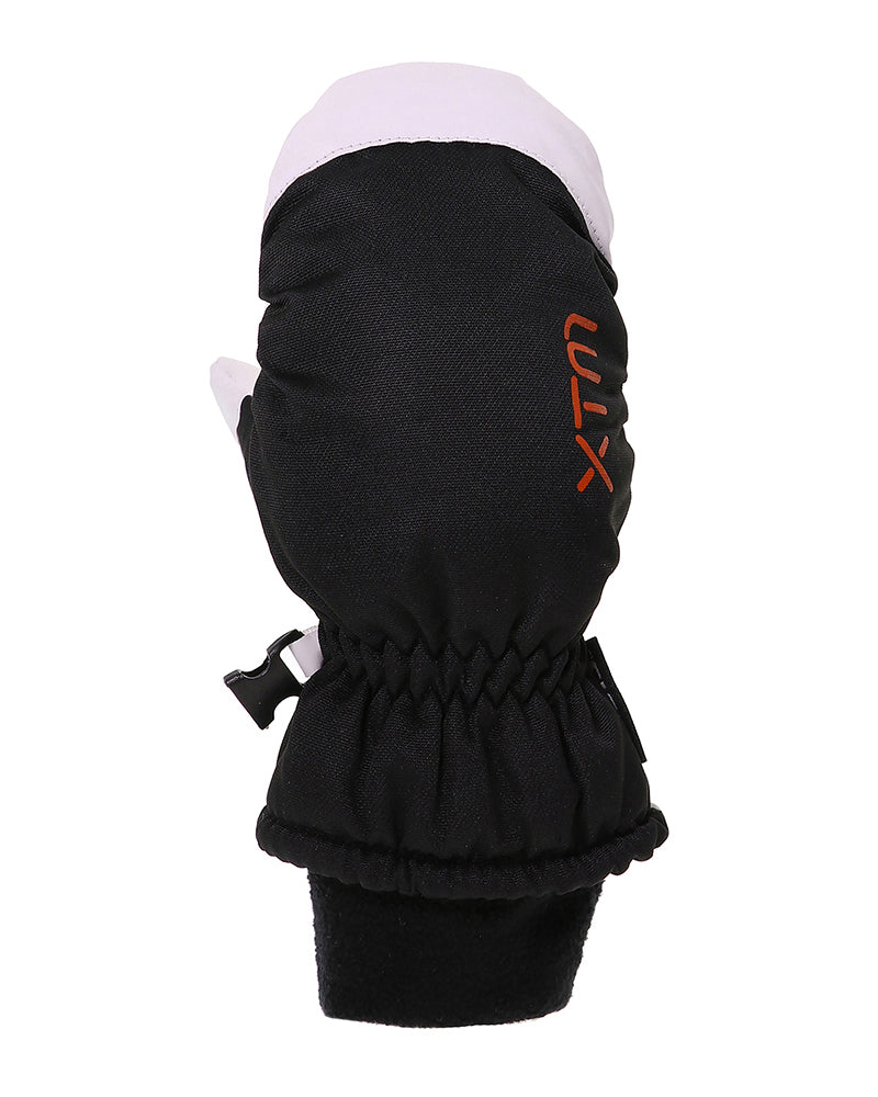 XTM Kids Space snow mitt in Black, back of hand with orange logo and white fingertip cap