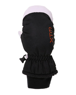 XTM Kids Space snow mitt in Black, back of hand with orange logo and white fingertip cap