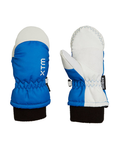 Pair of XTM Kids Space snow mitts in Bright Blue with white palm and black fleece cuff