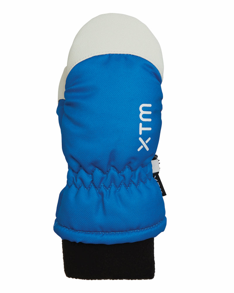 XTM Kids Space snow mitt in Bright Blue, back of hand with white fingertip cap