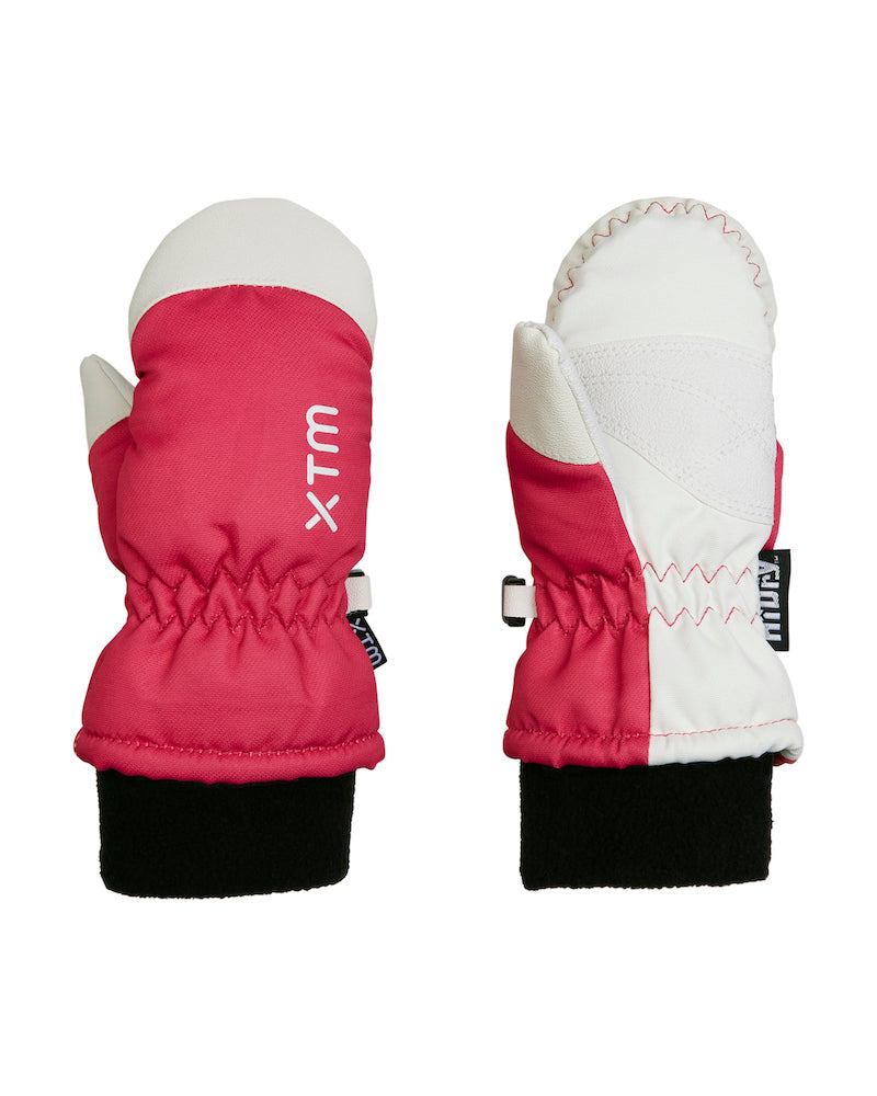 Pair of XTM Kids Space snow mitts in Magenta pink with white palm and black fleece cuff