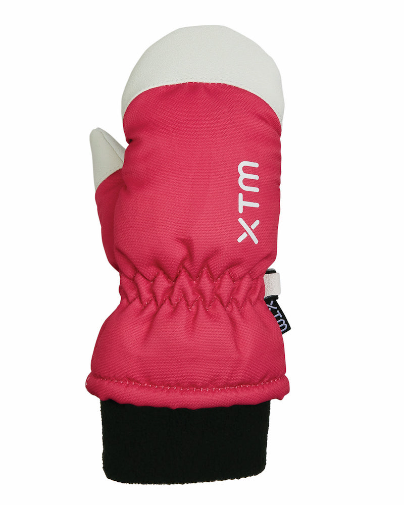 XTM Kids Space snow mitt in Magenta, back of hand with XTM logo and fleece cuff