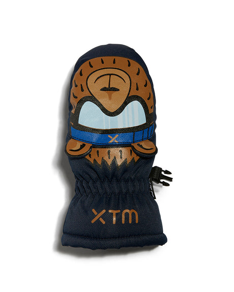XTM Kids Puppet snow mitt in Bear design, close-up of the bear face with goggles