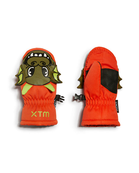 Pair of XTM Kids Puppet snow mitts in Dragon design, orange mitt with green dragon face