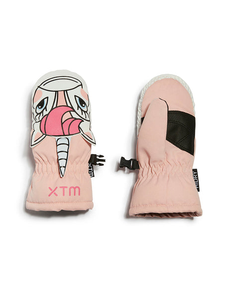 Pair of XTM Kids Puppet snow mitts in Pink Unicorn design, pink with a white unicorn face