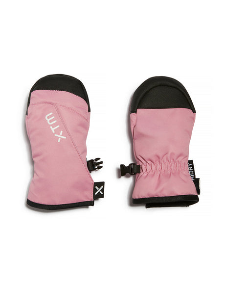 Pair of Rose Pink XTM Tiny II Infants Snow Mitts with black tips, back and palm view