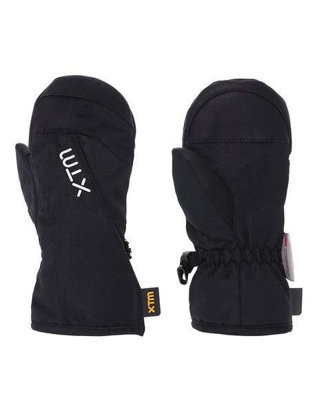 Pair of black XTM Kids Tots II Snow Mitts, back and palm view with elastic cuff and wrist strap clip