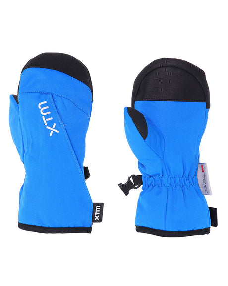 Pair of Bright Blue XTM Kids Tots II Snow Mitts, back and palm view with black tips