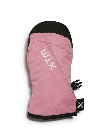 Rose Pink XTM Kids Tots II Snow Mitt, back of hand with black tip and angled Velcro opening