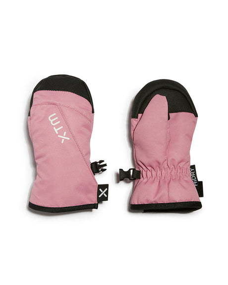 Pair of Rose Pink XTM Kids Tots II Snow Mitts showing the diagonal opening, palm patch and HiDry label