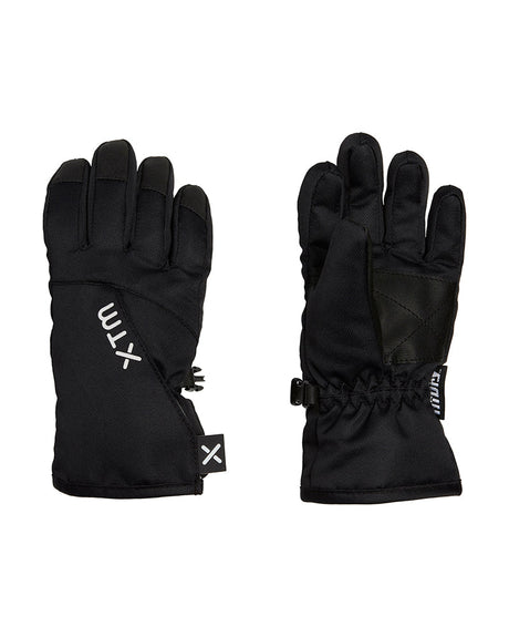 Pair of black XTM Kids Tots II Snow Gloves showing the back with diagonal Velcro tab and the faux leather palm