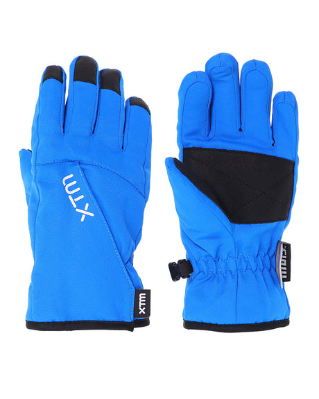Pair of Bright Blue XTM Kids Tots II Snow Gloves, back and palm view with black palm patch and fingertips