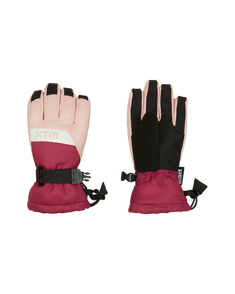 Pair of Berry XTM Kids Zoom Snow Gloves, pale pink and berry, back and black Rubbertec palm view