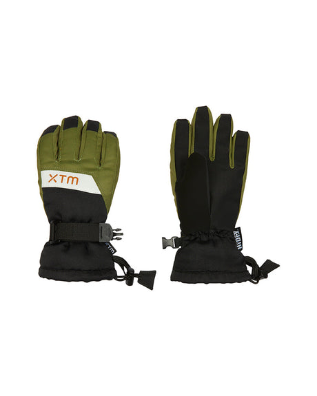 Pair of Sea Kelp XTM Kids Zoom Snow Gloves, olive green and black, back and palm view