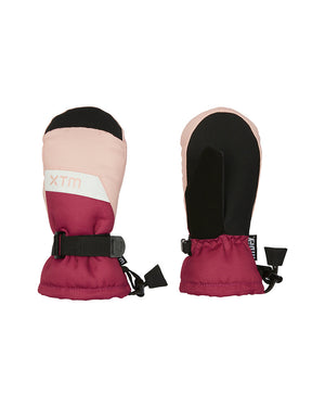 Pair of Berry XTM Kids Zoom Snow Mittens, pale pink and berry, back and black palm view