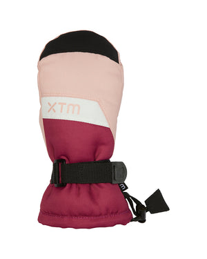 Berry XTM Kids Zoom Snow Mitten, back of hand with pink top, berry cuff and wrist strap