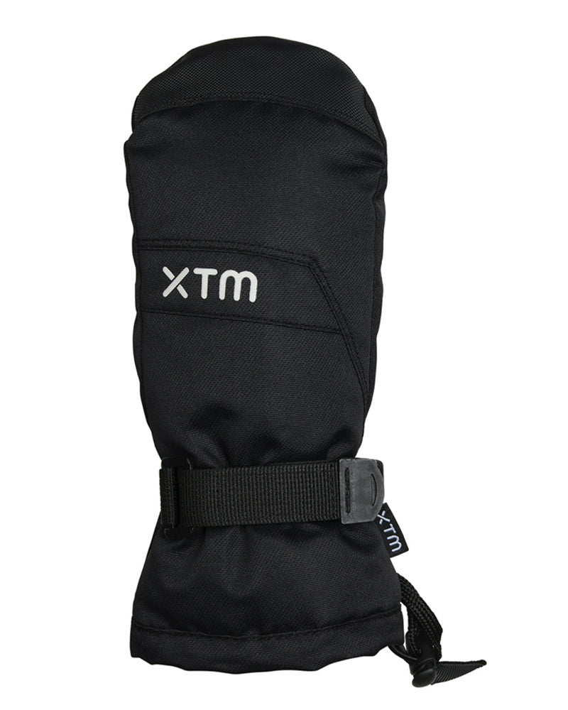 Black XTM Kids Zoom Snow Mitten, back of hand with white XTM logo and wrist strap