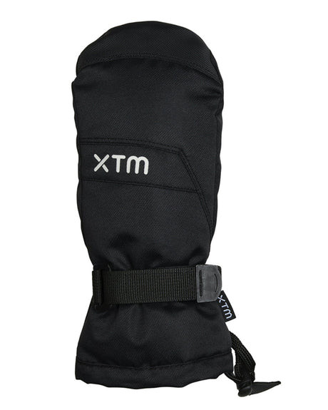 Black XTM Kids Zoom Snow Mitten, back of hand with white XTM logo and wrist strap
