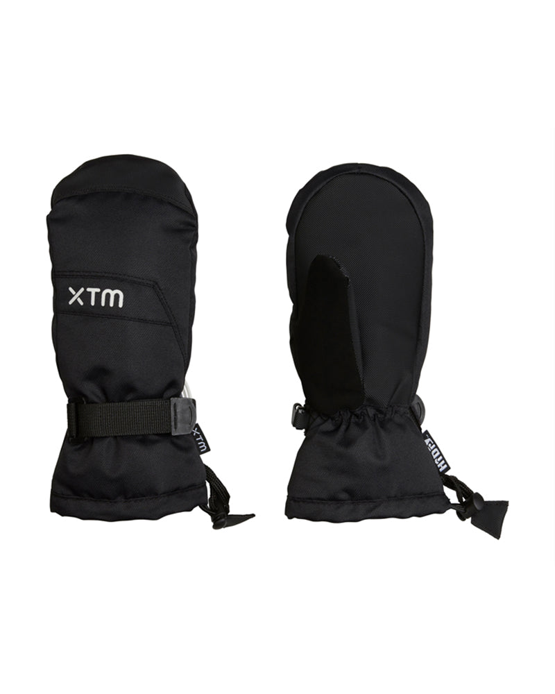 Pair of black XTM Kids Zoom Snow Mittens, back and Rubbertec palm view with HiDry label