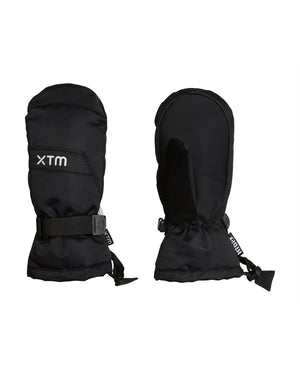 Pair of black XTM Kids Zoom Snow Mittens, back and Rubbertec palm view with HiDry label
