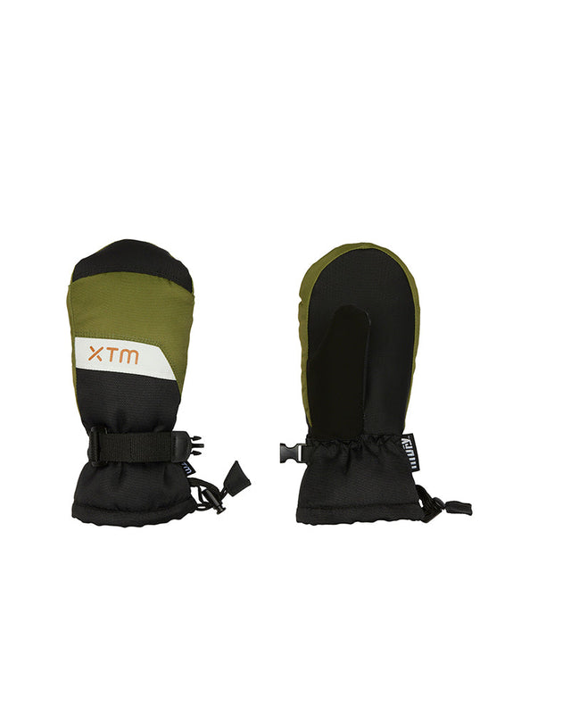 Pair of Sea Kelp XTM Kids Zoom Snow Mittens, olive and black, back and black palm view
