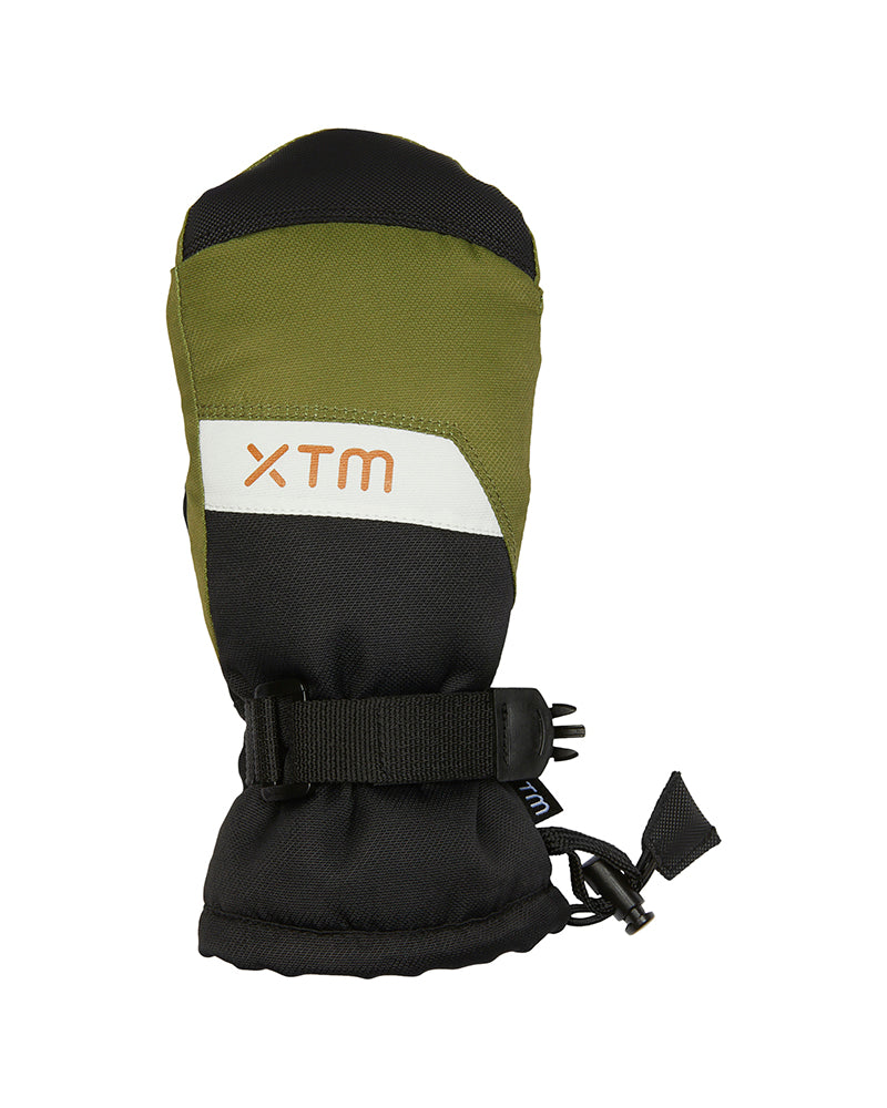 Sea Kelp XTM Kids Zoom Snow Mitten, back of hand with olive top and black cuff