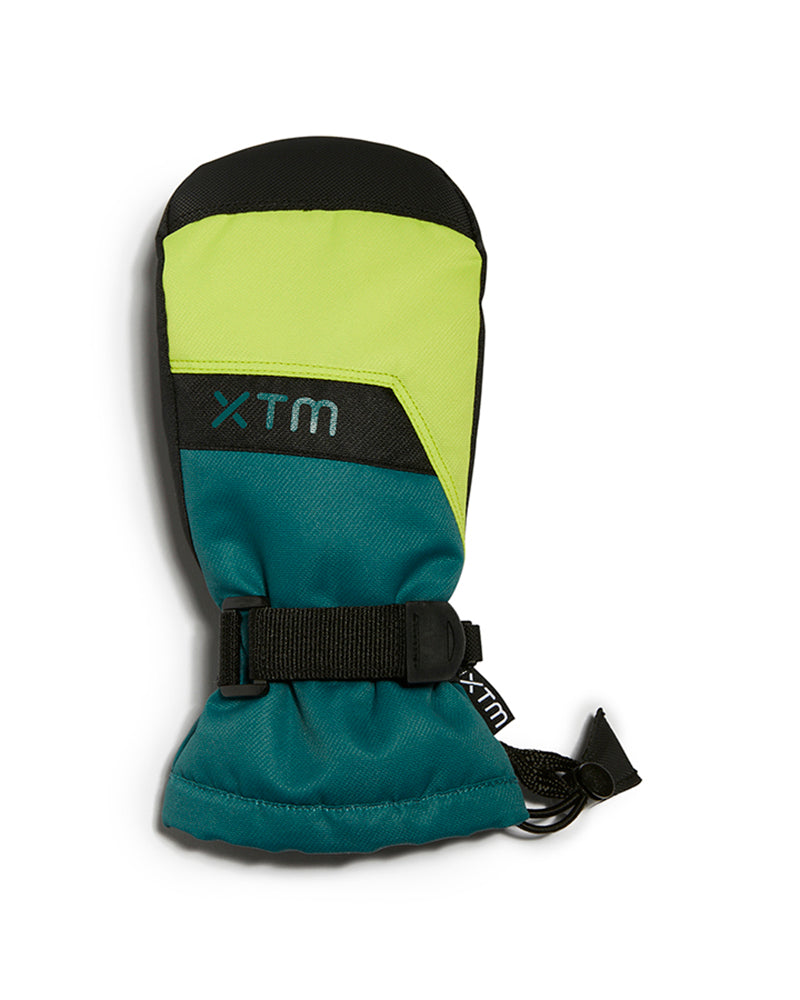 Lime XTM Kids Zoom Snow Mitten, back of hand with XTM logo, wrist strap and barrel lock cuff