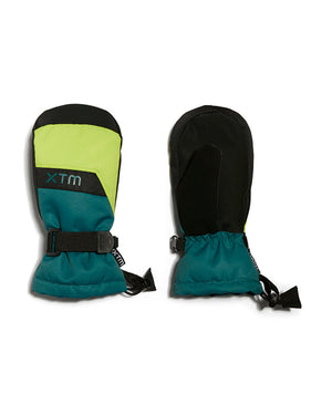 Pair of Lime XTM Kids Zoom Snow Mittens, lime and teal, back and palm view with wrist straps