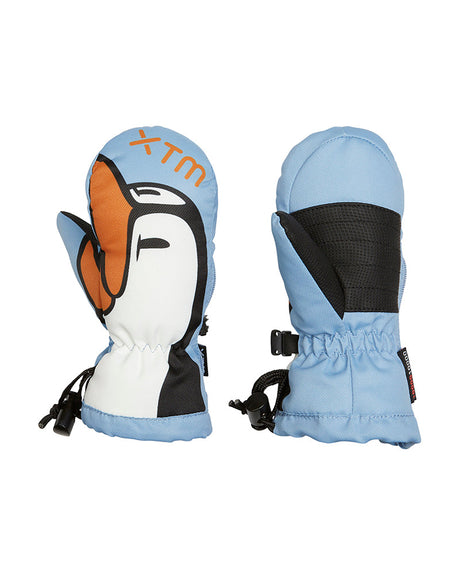 Pair of XTM Totally Wild snow mitts in Blue Penguin design, light blue with a penguin face