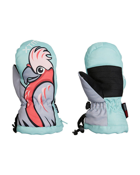 Pair of XTM Totally Wild snow mitts in Galah design, mint and grey with a pink galah
