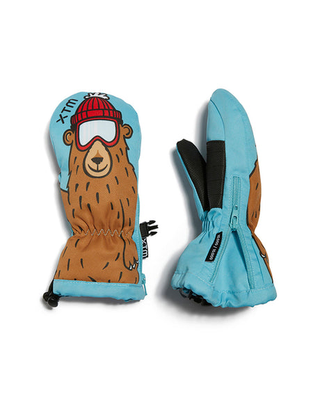 Pair of XTM Totally Wild toddler snow mitts in Bear design, one shown with the side zip open