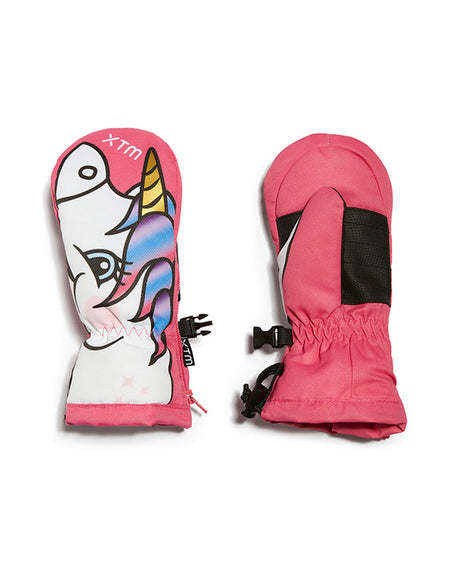 Pair of XTM Totally Wild snow mitts in Unicorn design, pink with a rainbow-maned unicorn
