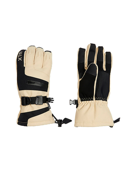 Pair of XTM Kids Miso II snow gloves in Almond and black, back and palm views