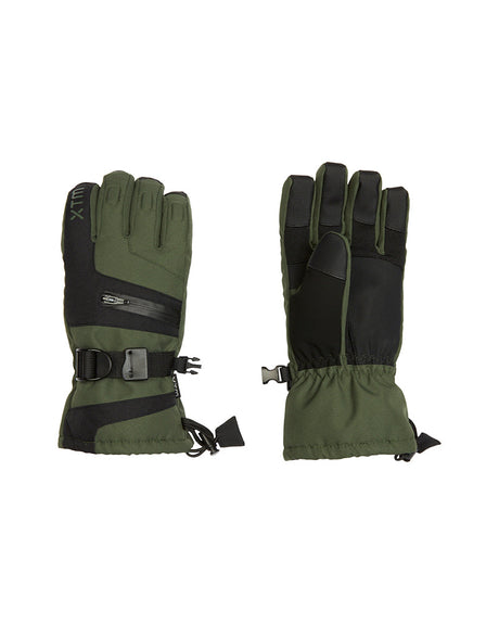 Pair of XTM Kids Miso II snow gloves in Ivy dark green and black, back and palm views