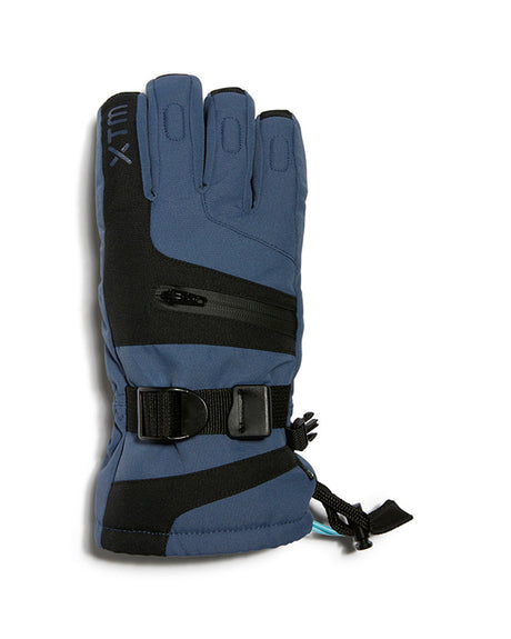 XTM Kids Miso II glove in Indigo, back of hand showing the heat pocket zip and buckle