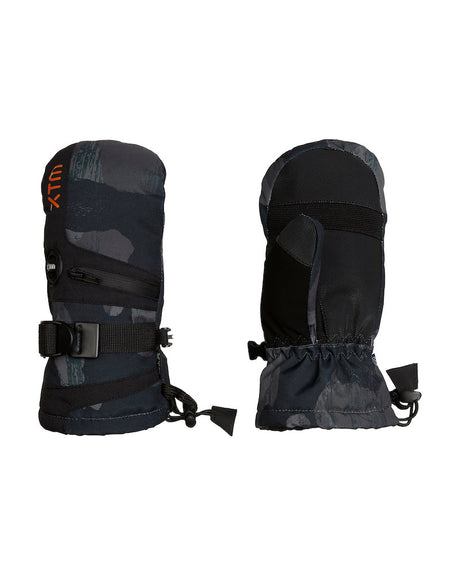 Pair of XTM Kids Miso II snow mitts in Dusk Snow Camo grey, back and palm views