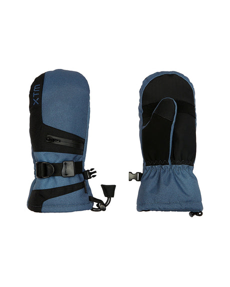 Pair of XTM Kids Miso II snow mitts in Indigo Haze blue and black, back and palm views