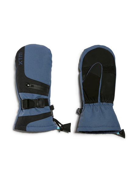 Pair of XTM Kids Miso II snow mitts in Indigo blue and black, back and palm views