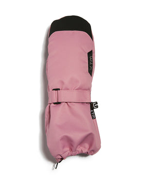 Rose Pink XTM Kids Tyke Snow Mitt, back view with black tip, wrist strap buckle and gauntlet cuff