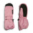 Pair of Rose Pink XTM Kids Tyke Snow Mitts showing the wrist strap, black palm and drawcord gauntlet