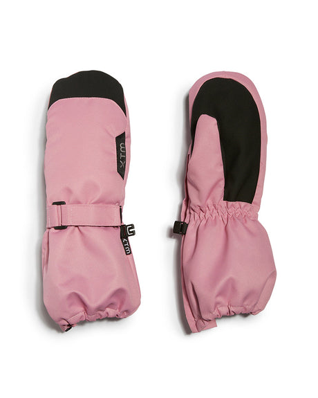Pair of Rose Pink XTM Kids Tyke Snow Mitts showing the wrist strap, black palm and drawcord gauntlet