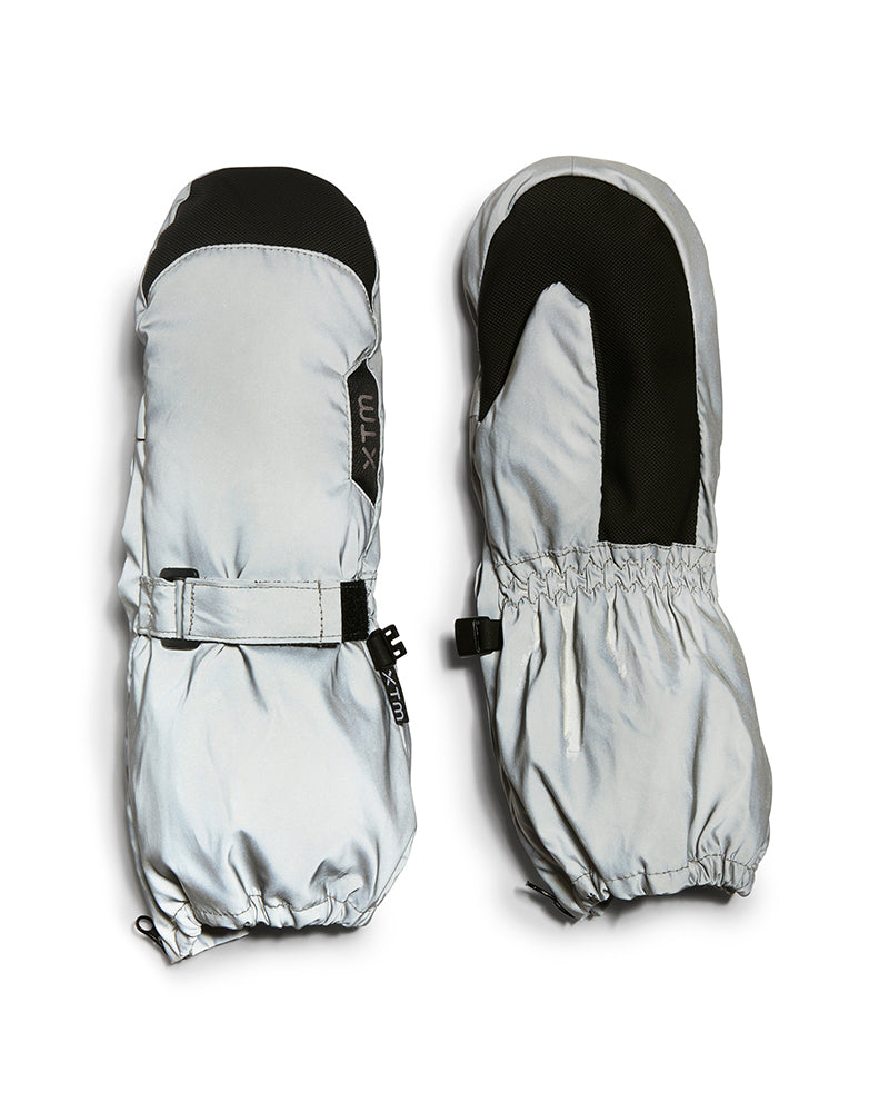 Pair of reflective Silver XTM Kids Tyke Snow Mitts, back and palm view with black palm and wrist strap