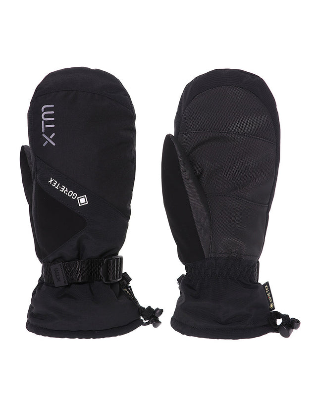 Pair of XTM Whistler II GORE-TEX snow mitts in Black, back and palm with wrist strap and barrel lock toggles